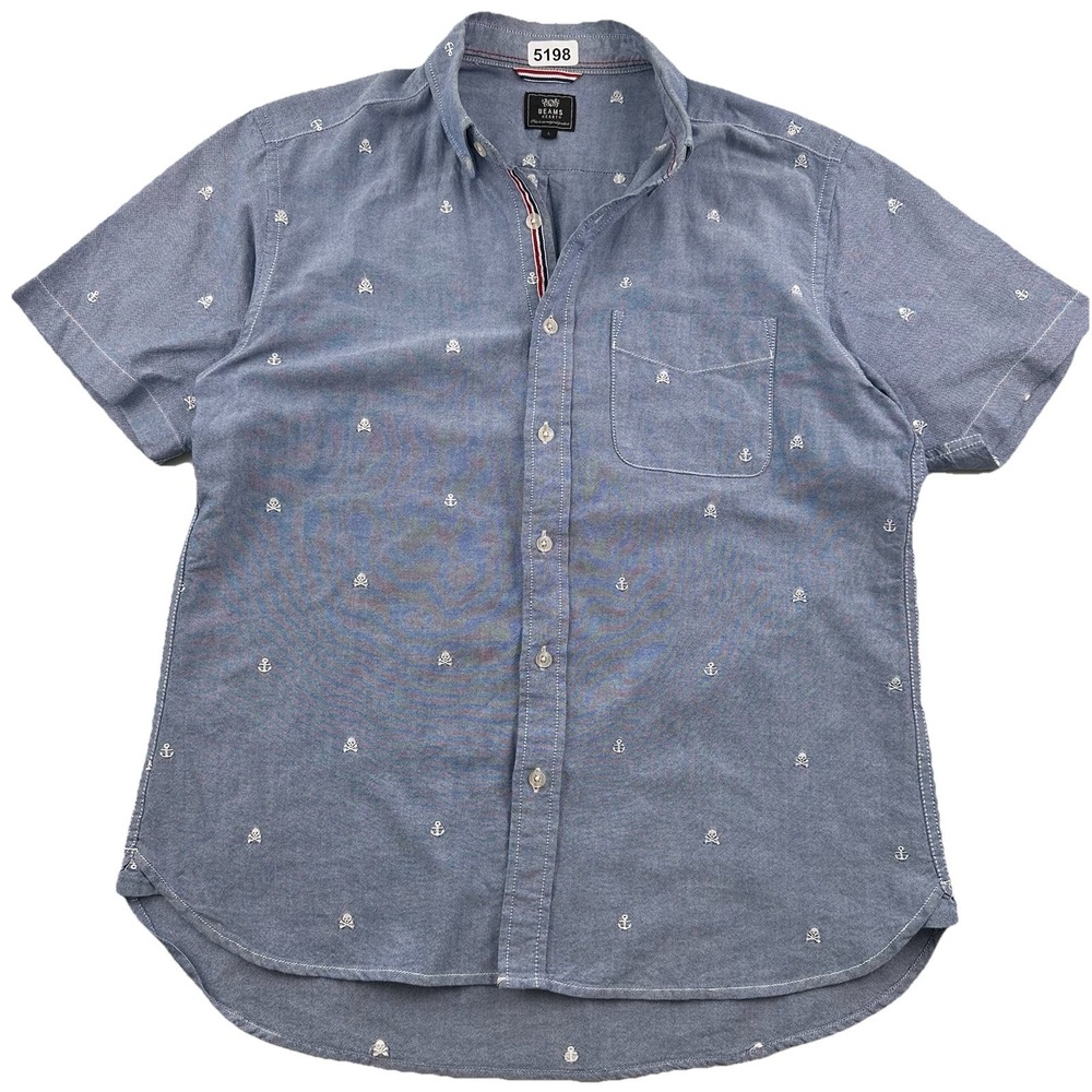 Beams Heart Embroidered Skull Crossbones Anchors Oxford Shirt Large Short Sleeve